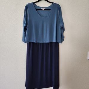 Woman Within Color Block Quarter Sleeve Blue Dress 18/20 Large